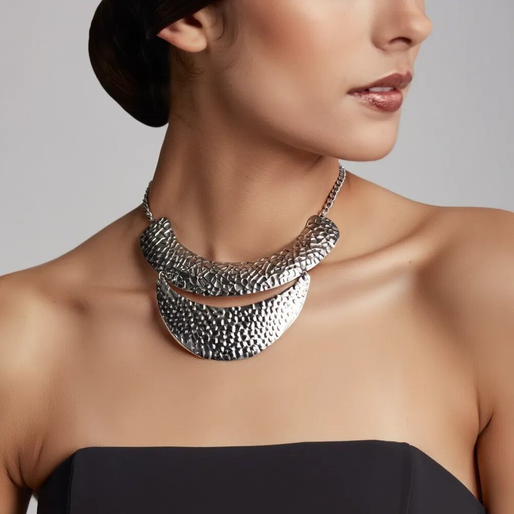 Statement Silver Tone Hammered Bib Necklace Boho Tribal Textured Crescent Coll